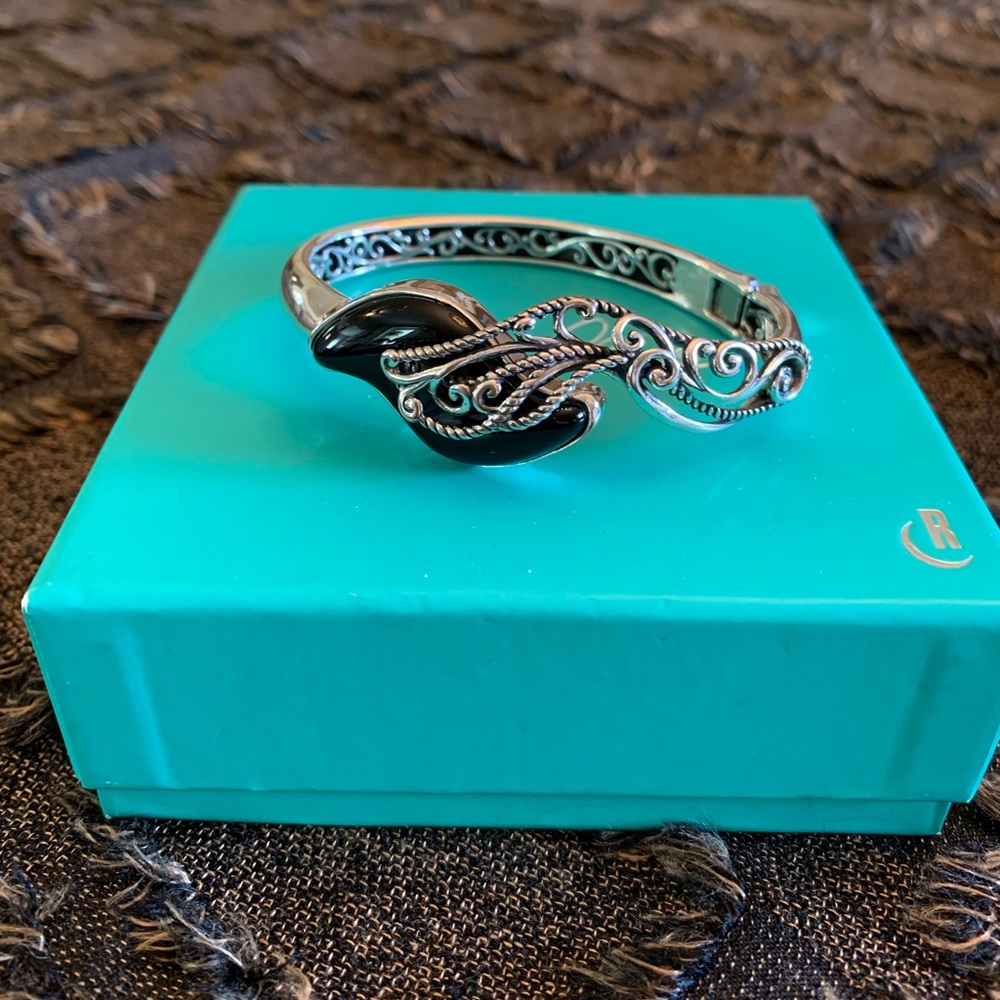 NWT Carolyn Pollack Sterling Silver 925 & Black Onyx Hinged Bangle Bracelet